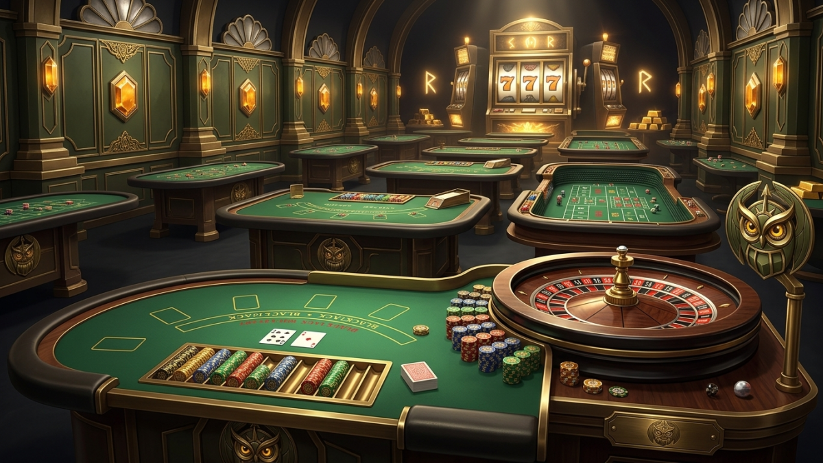 Classic green baize casino table displaying cards, roulette wheel, and gold casino chips